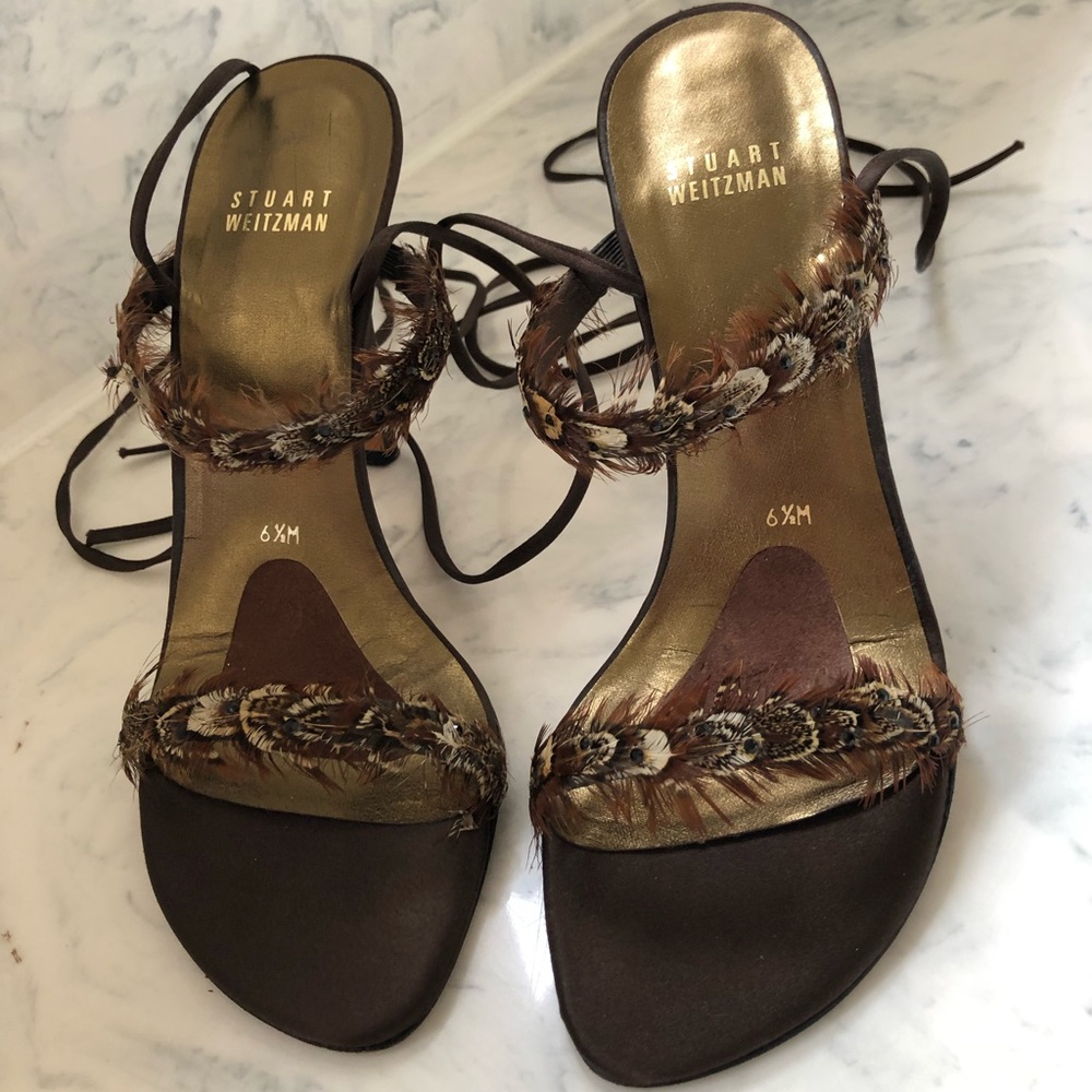 Stuart Weitzman Brown Feather Embellished Lace-Up Heels